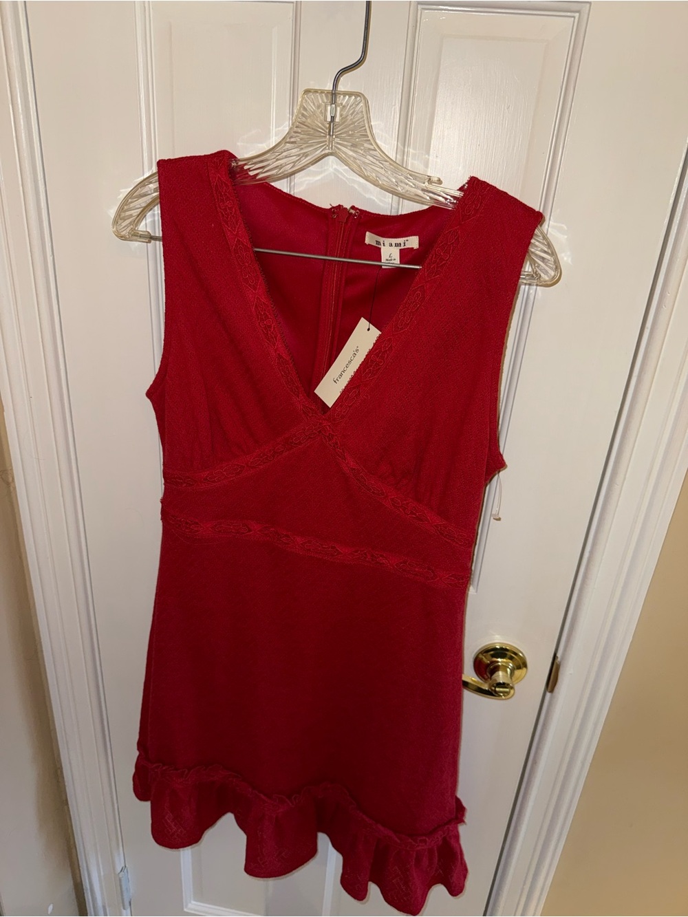 Francesca’s New Red V-Neck Dress with Ruffle Hem
